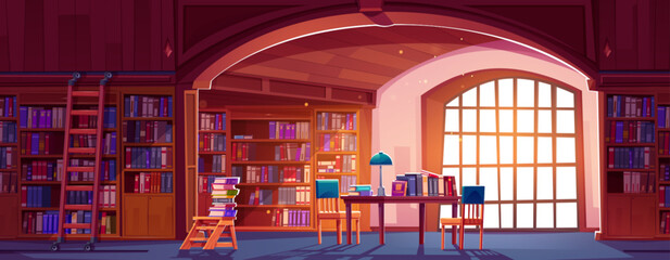 Plakaty  Public library with many books on shelves in case with ladder, in stack on wooden table with chair and lamp. Cartoon vector public bookstore with literature for school study or reading concept.