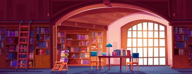 Tapeten Public library with many books on shelves in case with ladder, in stack on wooden table with chair and lamp. Cartoon vector public bookstore with literature for school study or reading concept. © klyaksun