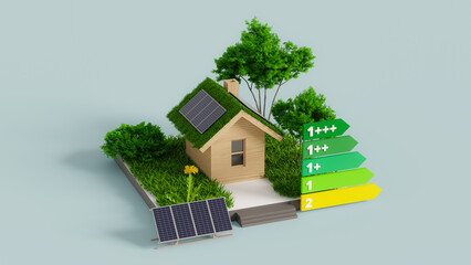 Assign an energy efficiency rating to reduce carbon emissions by saving energy in house. 3d rendering