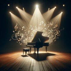 Grand piano, on stage, engulfed in joyous musical notes
