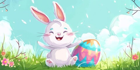 Happy Easter Bunny With Colorful Egg in Grass