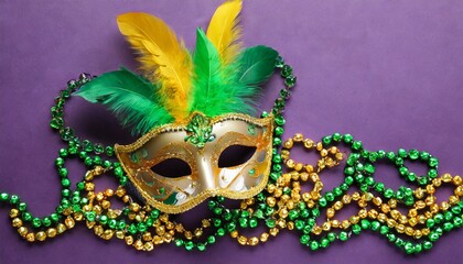 Vibrant Revelry: Mardi Gras Mask and Beads Set Against Purple Background"
