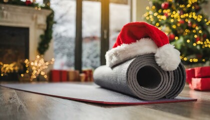 Fototapeta premium Festive Fitness: Santa Hat Adorns Yoga Mat in Christmas-Adorned Home