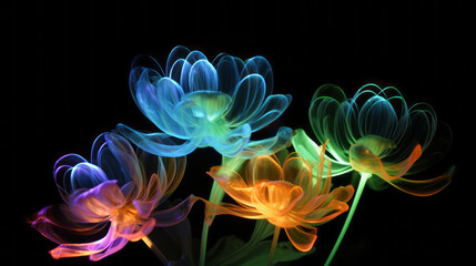 Neon Flowers light drawing. Artistic, dramatic floral flair lines on black background