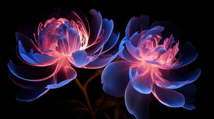 Obraz premium Neon Flowers light drawing. Artistic, dramatic floral flair lines on black background