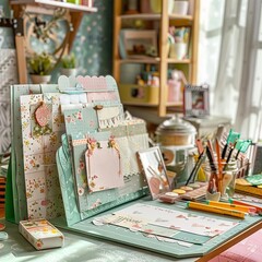 Naklejka na ściany i meble An inviting and bright artist's nook, adorned with floral stationery, crafting tools, and creative supplies, basked in soft daylight