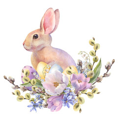 Watercolor little peach rabbit is sitting in the spring flowers wreath. Easter bunny and colorful eggs, decorative eggs yellow, blue, violet. Template for designs , card, wallpaper.