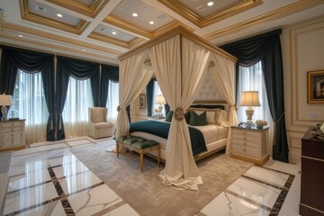 A luxury bedroom retreat, featuring marble flooring, coffered ceilings - obrazy, fototapety, plakaty