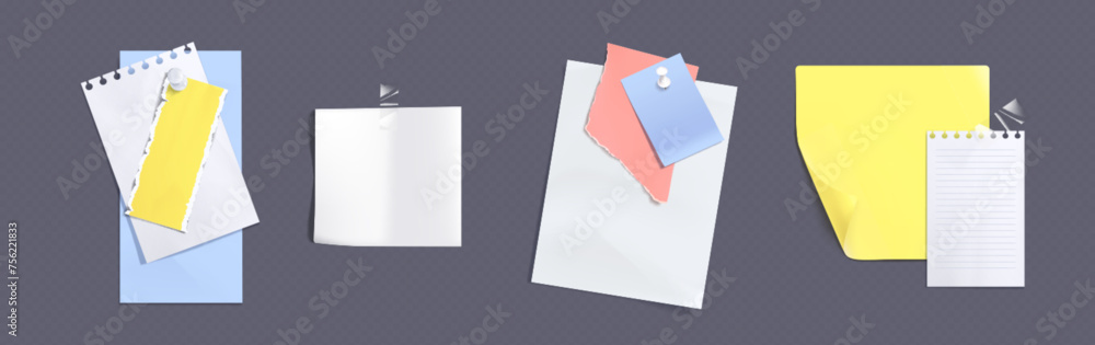 Poster memo note paper sheets attached with adhesive tape and pins. white and colorful notepad pages and st