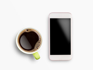 Fototapeta na wymiar Top view with smartphone and black coffee cup isolated on white background.