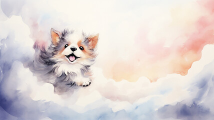 Funny puppy running in the clouds, watercolor background image for kids - 756222059