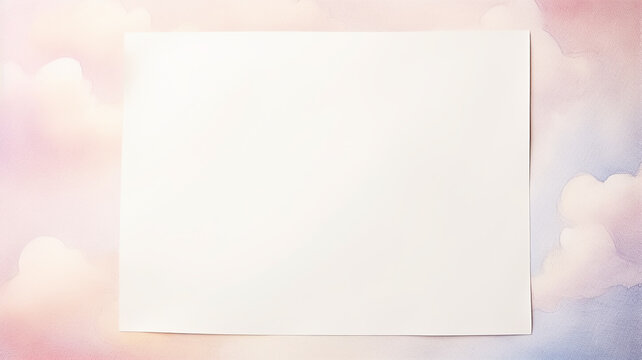 A clean white sheet of paper on a background of clouds in watercolor pastel style