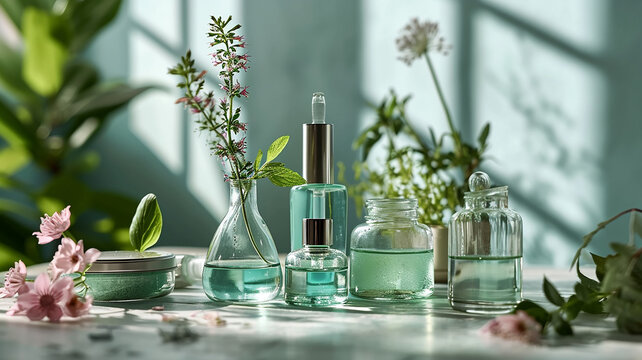 A set of bottles with natural extract, a background picture of cosmetics, perfumes and care products with mint leaves