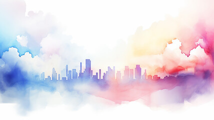 Fototapeta premium Urban landscape in pink and blue clouds, background postcard in watercolor style