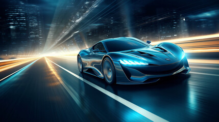 Futuristic Sports Car On Highway. Powerful acceleration