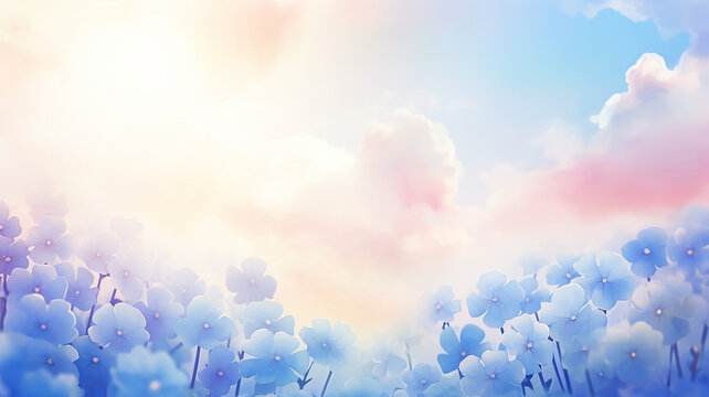 Blue flowers on a background of clouds, watercolor image in pastel colors