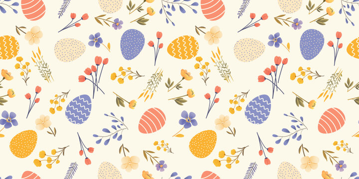 Cute hand drawn Easter seamless pattern with flowers, easter eggs. Beautiful background. Ideal for Easter Cards, banner, textiles, wallpapers, packaging, banner, poster, header for website.