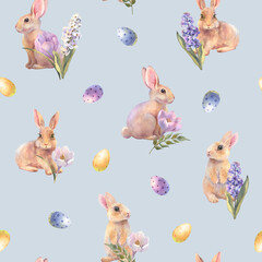 Watercolor Easter seamless pattern. Hand painted holiday wallpaper design with rabbits, colored eggs and spring flowers on blue background. Vintage style spring texture.