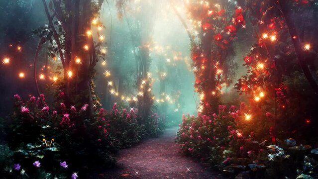 A fairytale garden surrounded by flowers and butterflies, lit by glowing fireflies