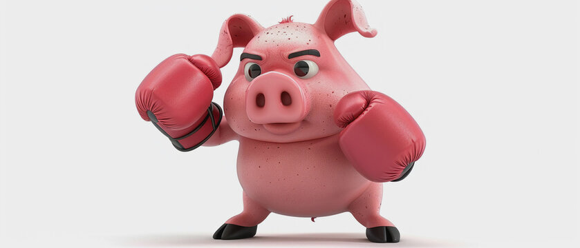 A humorous 3D cartoon of a chubby pink pig trying out boxing gloves and shadow boxing with cute determination