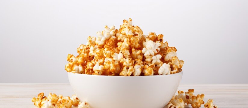 A white bowl filled with kettle corn, a sweet and salty snack made with caramel popcorn, sits on a table as a delicious treat