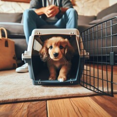 New puppy arrives to new home in pet carrier
