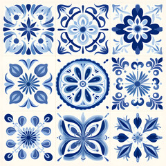 Rustic blue tile watercolor seamless pattern. Pattern of azulejos tiles