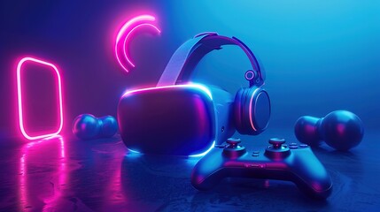 Gamepad and headphones with copy space 3D render,generative ai, 
