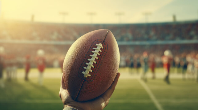 American football ball in player's hands. 