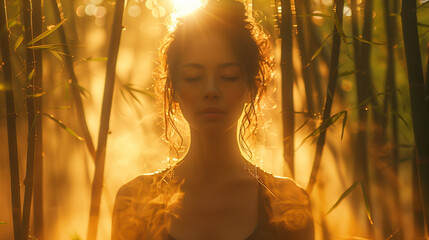 An athletic woman strikes a focused Tai Chi pose amidst the ethereal light of a tranquil bamboo...