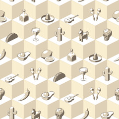 Seamless pattern of grey mexico related icons on isometric background