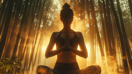 An athletic woman strikes a focused Tai Chi pose amidst the ethereal light of a tranquil bamboo...
