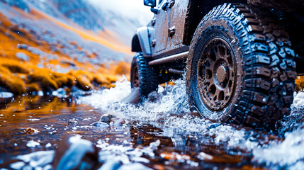 Off-Road Vehicle Splashing Through Mountain Stream. - obrazy, fototapety, plakaty