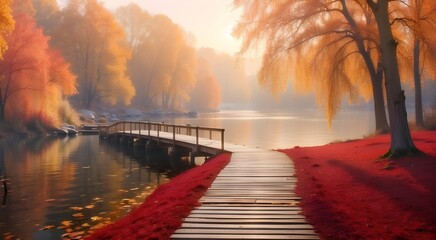 A landscape of autumn nature. The lake bridge located in the fall woodland. The gold woodland path. romantic scenario with a vista. Enchanted foggy pond at dusk. Park with red colored tree leaves. Sun