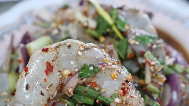 Thai Style Spicy Raw Shrimp Salad (Nam Tok), Close Up