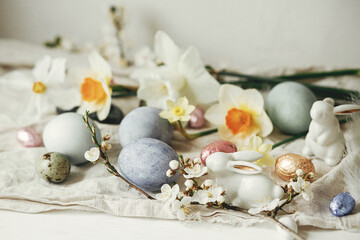 Fototapeta na wymiar Happy Easter! Stylish easter eggs, bunnies, cherry blossom and daffodils on rustic table. Modern natural dyed eggs and spring flowers. Easter still life decor in countryside home