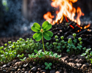 four leaf clover growing against the backdrop of a burning fire. Generated ai.