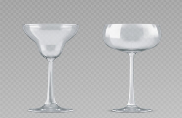 3d set of cocktail glasses isolated on transparent background. Vector realistic illustration of empty cup for alcohol, juice, water, light reflection on clear glassware surface, party design elements