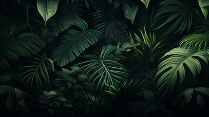 Fototapeta na wymiar Close-up Background, Texture of Dark Rainforest, Tropics, Green Leaves, Nature, Jungle.