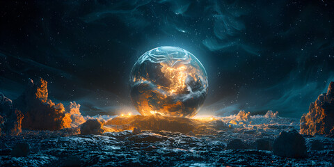 A fireball is burning on the planet earth. Earth hour
