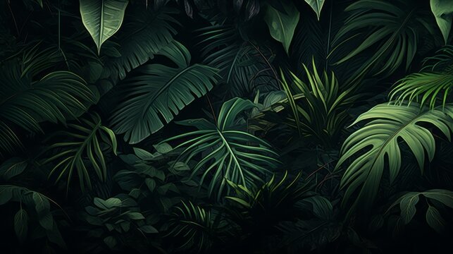 Close-up Background, Texture of Dark Rainforest, Tropics, Green Leaves, Nature, Jungle.
