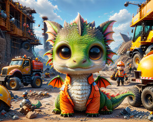 cute dragon builder in a hard hat and protective vest on the background of a construction site. Generated ai.
