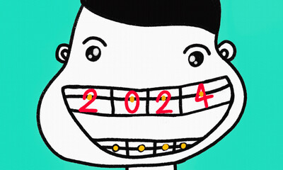 Boy with braces smiles. Happy New Year 2024.