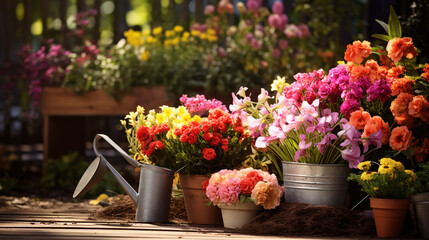 Fototapeta na wymiar Gardening different spring and summer flowers gardenin