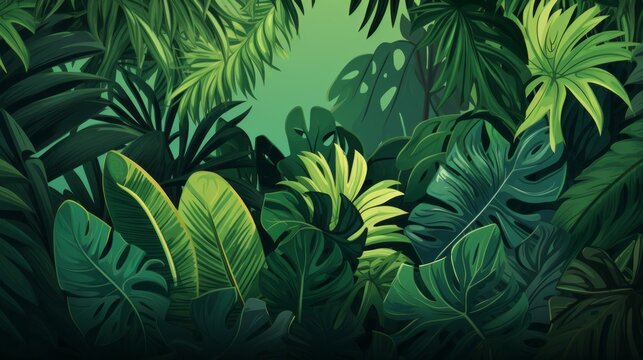 Background, Texture Dark Rainforest, Tropics, Green Leaves, Nature.