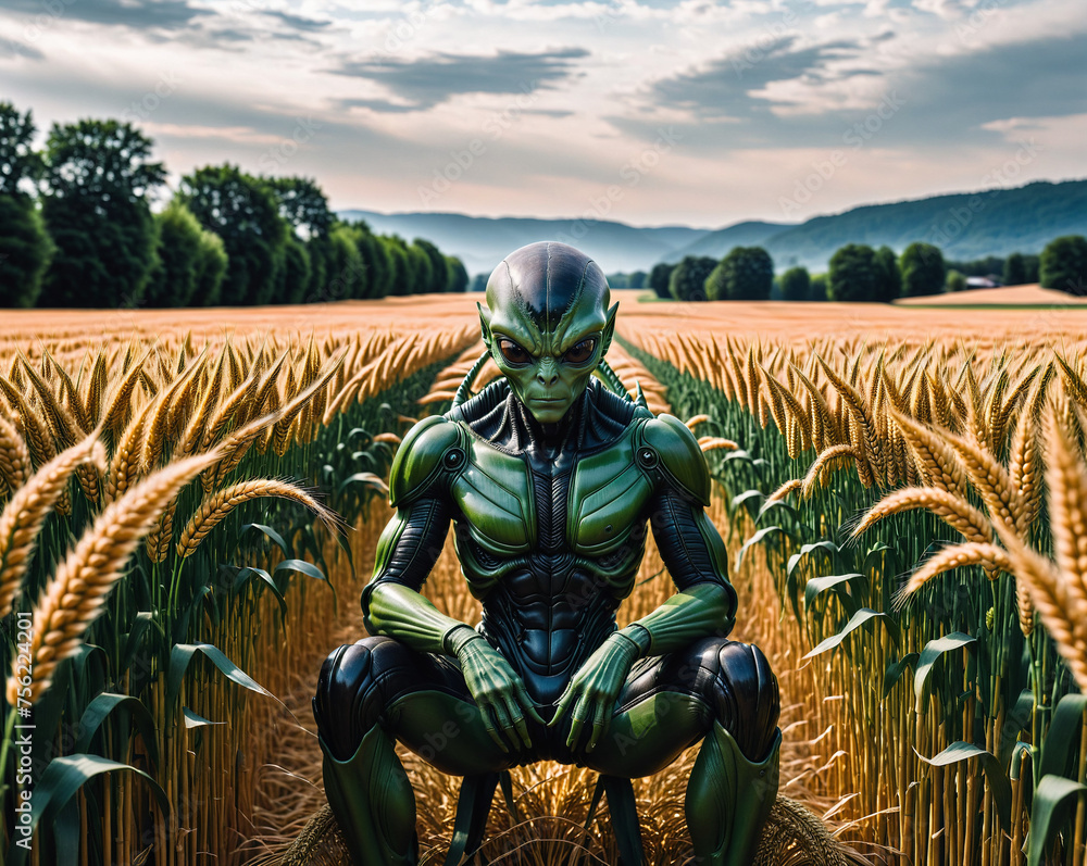 Poster evil alien against the backdrop of a wheat field. generated ai.