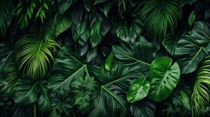 Close-up of a group of plants, Dark Background, Texture of Green Leaves of Monstera, Palm Trees, Coconut, Banana Leaf, Fern in Nature. Rainforest, Tropics, jungle.