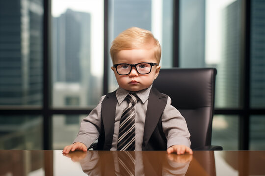 A cute little baby boy dressed in an executive suit sitting in the company boss chair