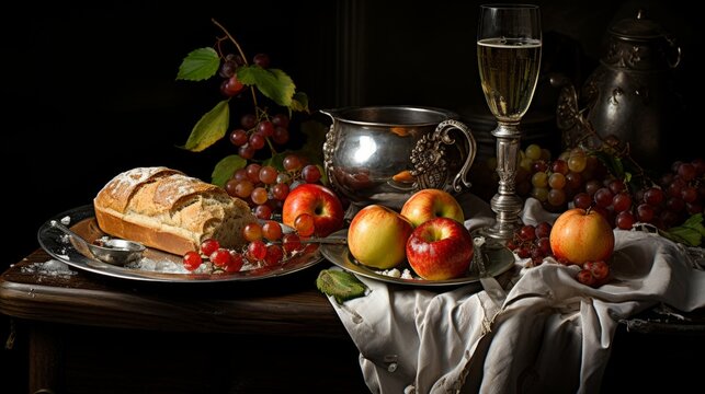Classic dutch still life painting with wine and fresh fruits available for purchase