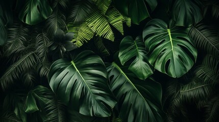 Close-up Background, Texture of Dark Rainforest, Tropics, Jungle. Green Leaves of Monstera, Palm...